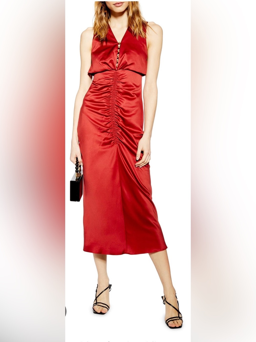 Topshop Red Satin Ruched Midi Skirt